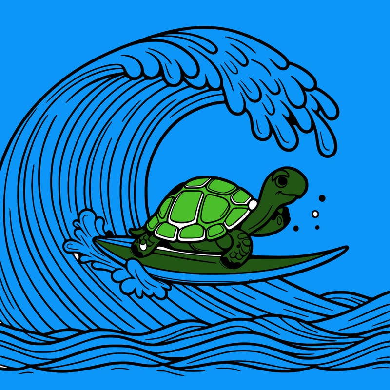 a tortoise surfing on a giant wave