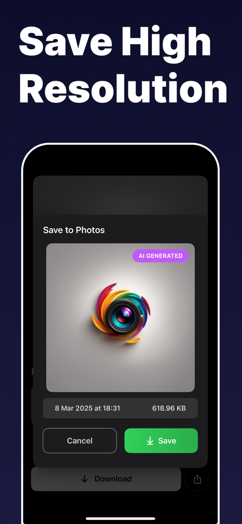 Logora AIアプリで高解像度のAI生成ロゴを保存。