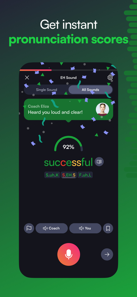 BoldVoice: Accent Training - BoldVoice app interface displaying an AI pronunciation score and feedback for the word successful