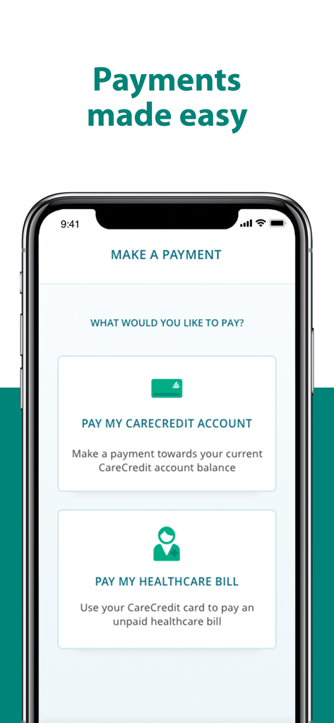 CareCredit Mobile - アカウント残高または医療費を支払うオプションが表示されたCareCredit Mobileアプリの支払い画面