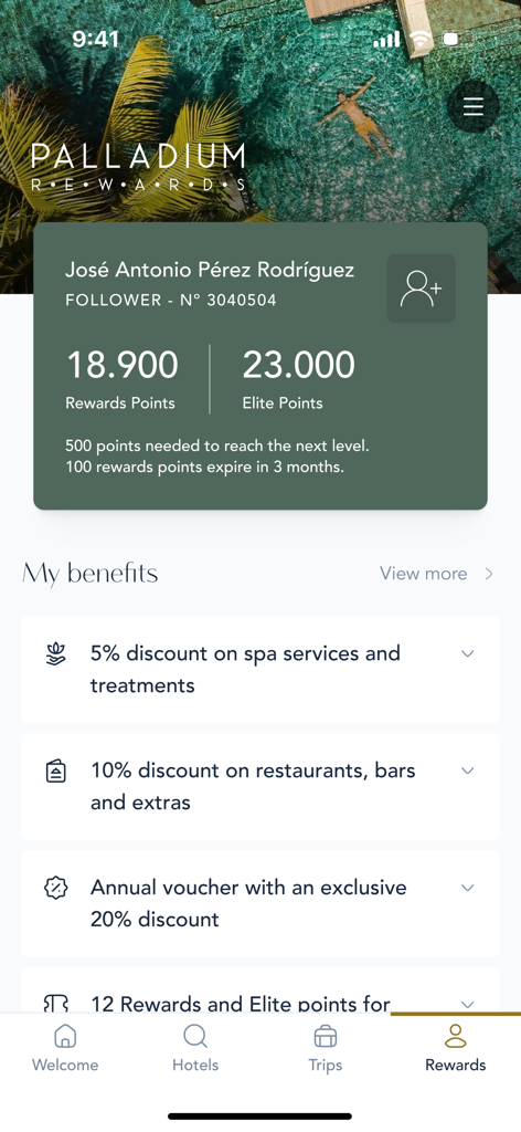 Palladium Hotel Group - Écran de l'application mobile Palladium Rewards affichant les points de fidélité et les réductions exclusives pour le spa et les restaurants