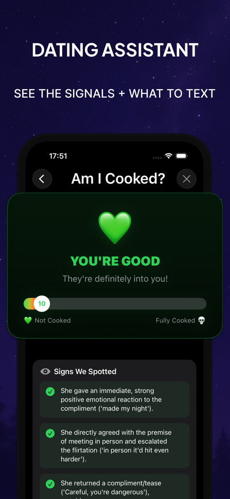 Rizzio: Rizz AI Keyboard - Rizzio app interface showing the Am I Cooked feature with a positive status update and analysis of dating chat signals.
