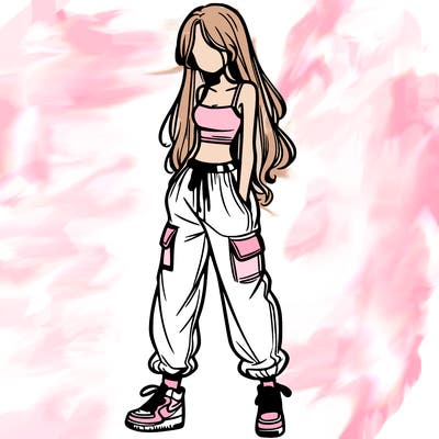 girl in baggy pants crop top and long hair