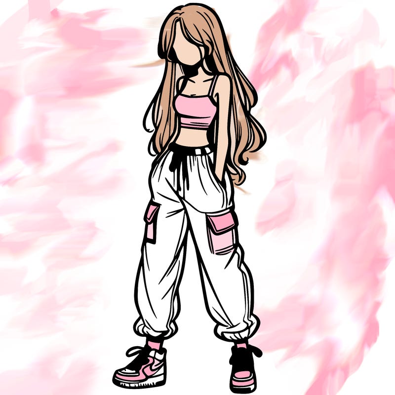 girl in baggy pants crop top and long hair