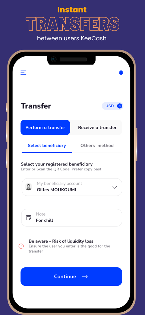 KeeCash - Interfaz de la aplicación móvil KeeCash para realizar transferencias instantáneas entre pares en USD