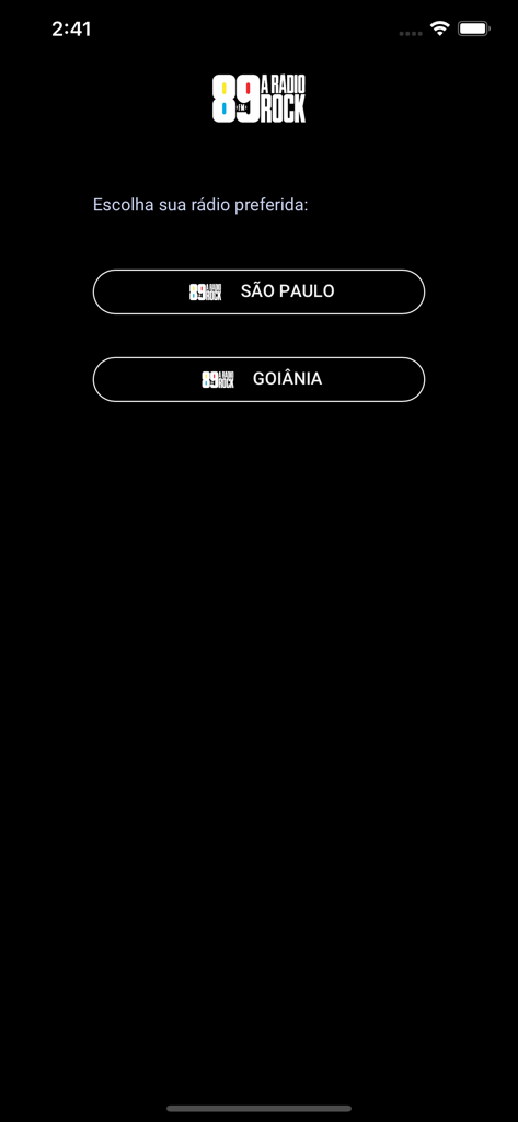 A Rádio Rock - A Radio Rock app interface for selecting between Sao Paulo and Goiania radio stations