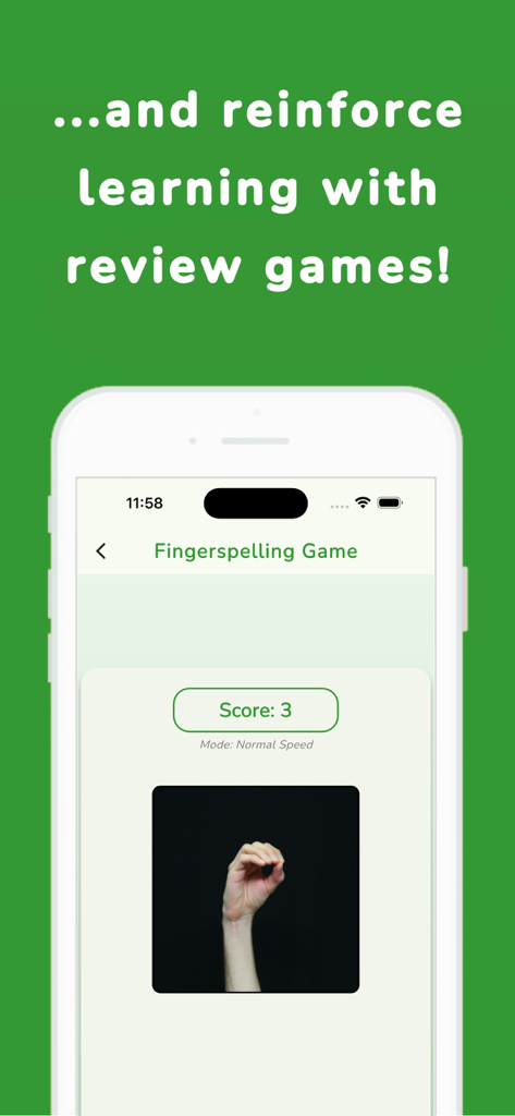 Fingerspelling game interface in the SignSchool app showing an ASL hand sign