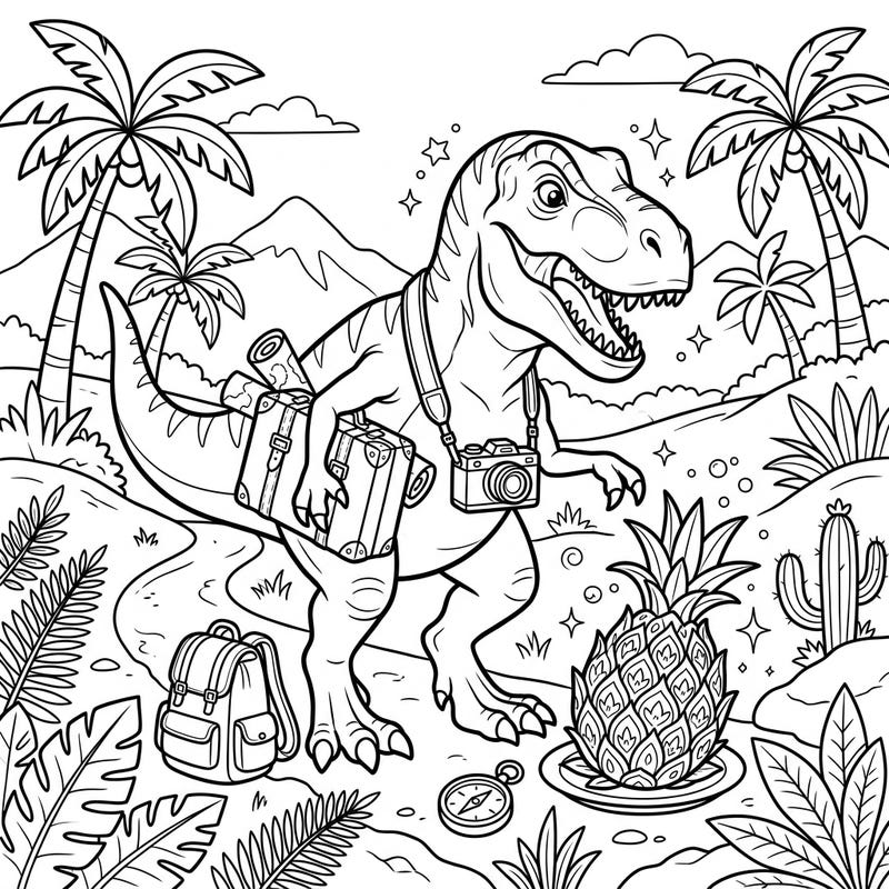 Get ready for an epic prehistoric getaway with this adventurous T-Rex coloring page. He's packed his bags and camera for a tropical vacation, complete with exotic treats and scenic views.