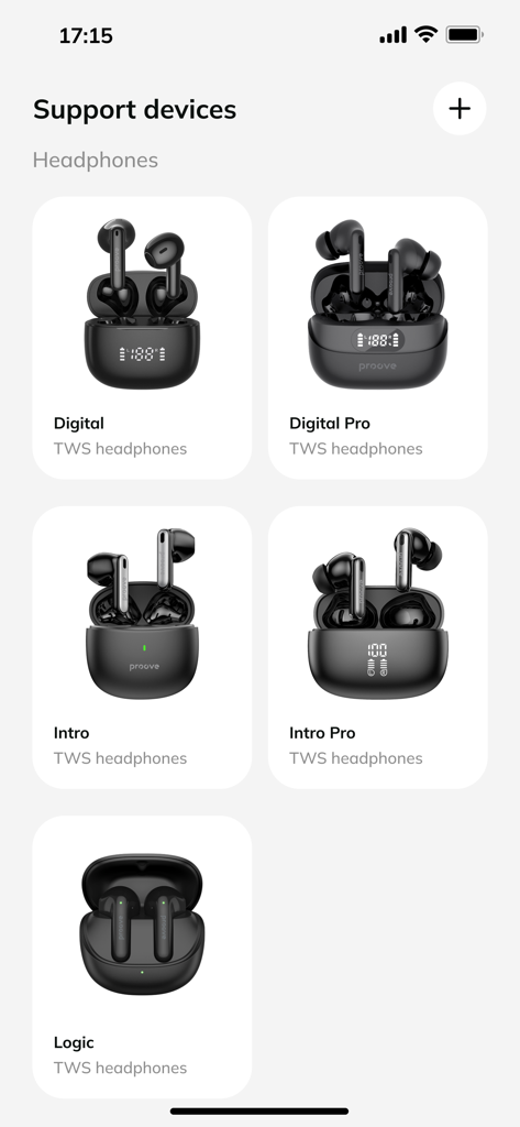 Proove - Interface showing a list of supported Proove TWS headphone models including Digital Intro and Logic series