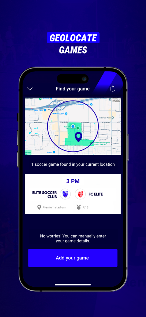 Rematch – Sports Highlights - Interface do aplicativo Rematch mostrando o recurso de geolocalização de jogos com um mapa e o resultado de uma partida de futebol local