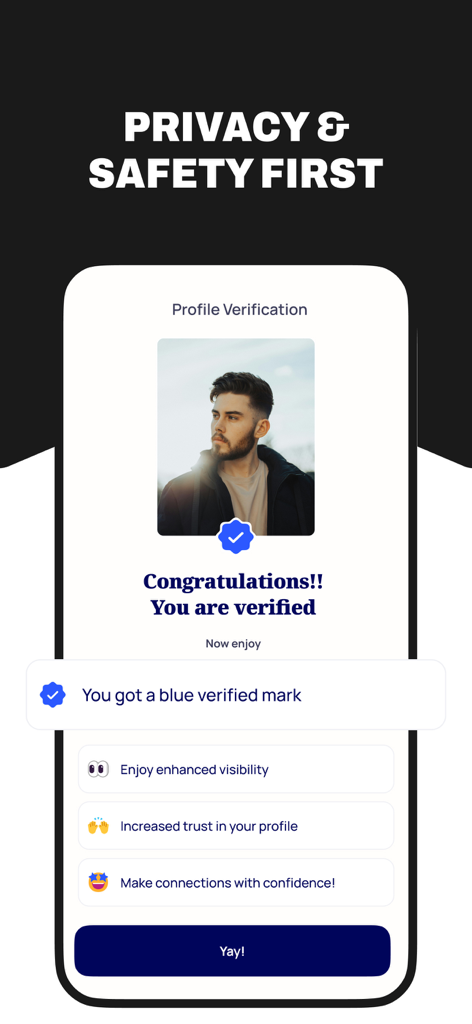 Alyke: Vibe-Based Friendships - Alyke app screen showing profile verification with a blue checkmark