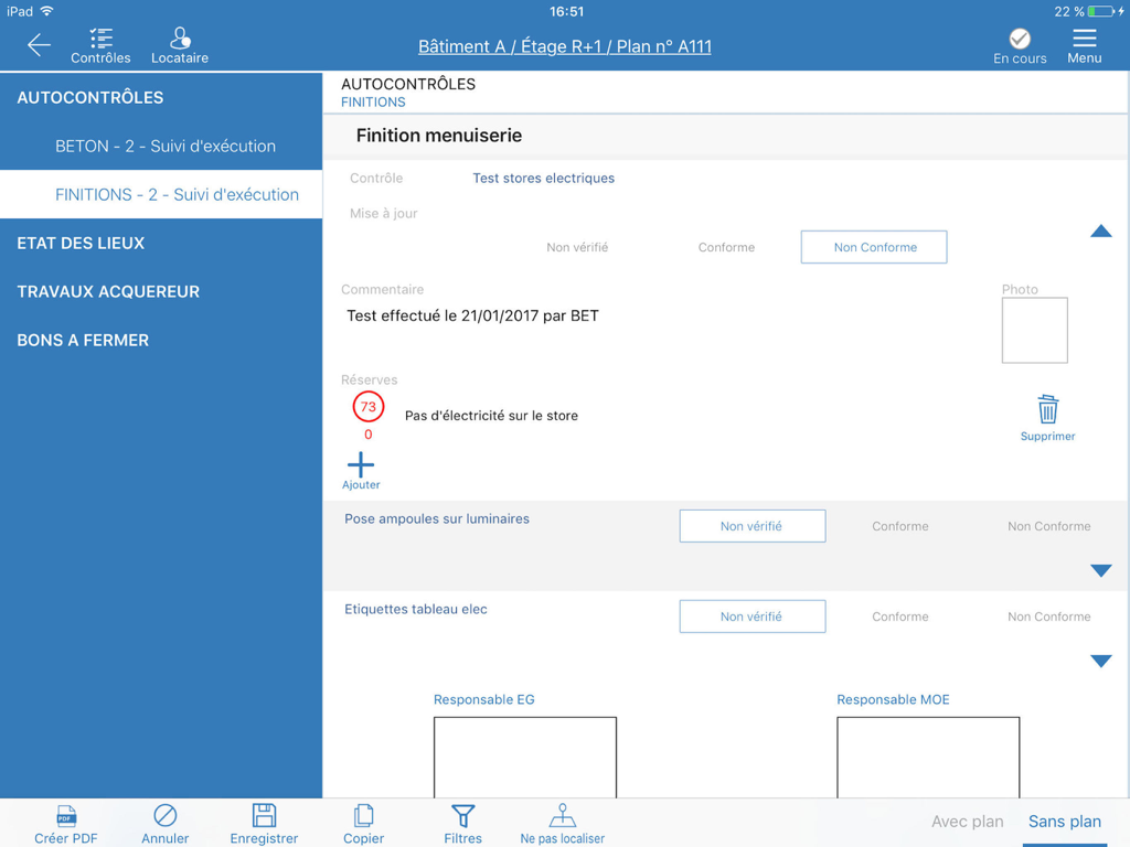 Kaliti for iPad - Construction site inspection and self-check interface on the Kaliti iPad app