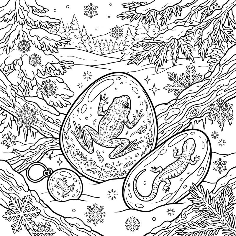 Uncover a fascinating blend of ancient history and winter charm with this unique coloring page. Explore intricate details of amber-encased frogs and amphibians amidst a serene, snowy landscape, perfect for a cozy coloring session.