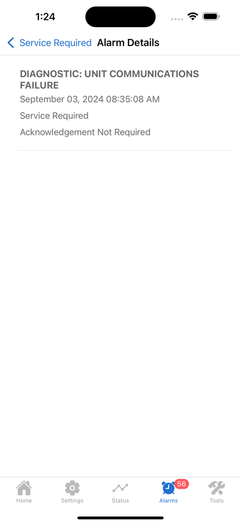 Alarm details screen in the Symbio Service and Installation app showing a unit communications failure diagnostic