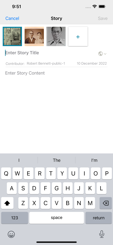 Screen in the FamilySearch Memories app for adding a title and content to a family story with uploaded vintage photos.