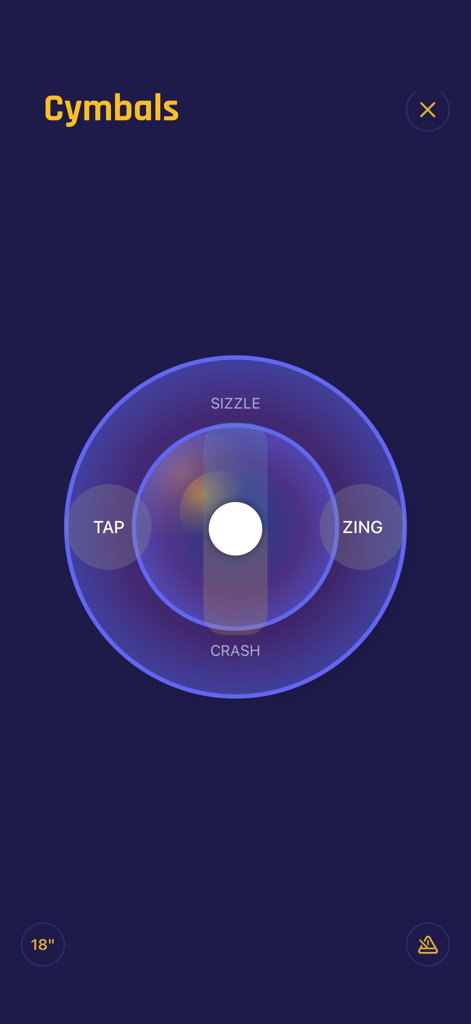 Drumline - Interactive marching cymbals screen in the Drumline app with sizzle, tap, zing, and crash zones