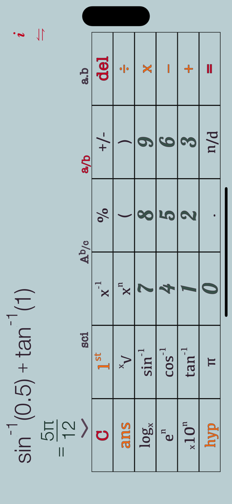 jCalc – Scientific Calculator - Interface of the jCalc scientific calculator in landscape mode displaying trigonometric calculations and results in pi notation