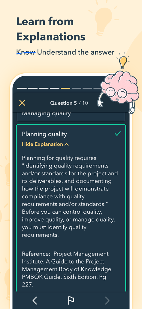 Pocket Prep PMP 2026 - A screenshot of the Pocket Prep PMP app showing a detailed explanation for a project management question with a PMBOK guide reference.