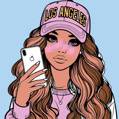 realistic beautiful girl wearing los ángeles cap holding an iphone
