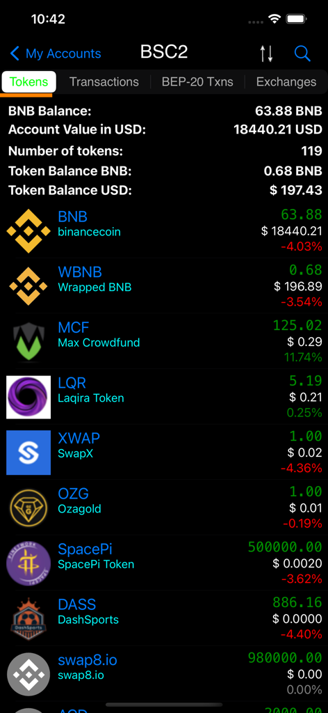 Interfaz de la aplicación BSC Explorer que muestra una lista de saldos de tokens BEP-20 y el valor total del portafolio en USD.