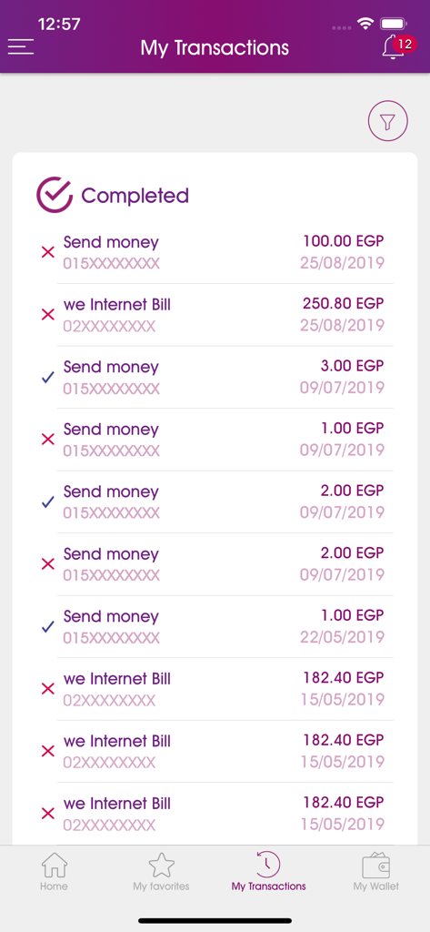 WE Pay EG - Screenshot of the My Transactions screen in the WE Pay EG mobile app showing a history of money transfers and bill payments in Egyptian Pounds.