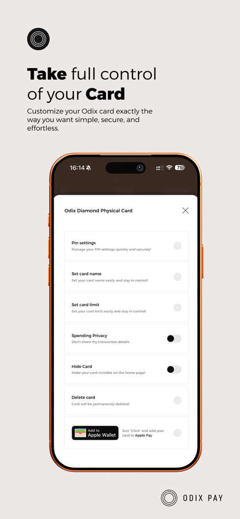Pantalla de un smartphone mostrando la configuración de la tarjeta de la aplicación Odix Pay para gestionar los límites de PIN y la integración con Apple Wallet
