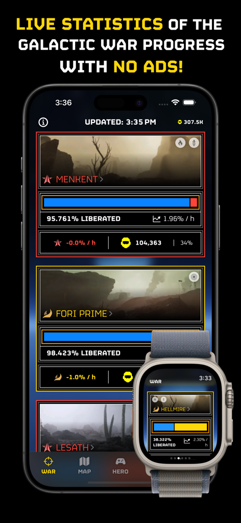 War Monitor for Helldivers 2 - iPhoneとApple Watchでリアルタイムの惑星解放統計を表示するHelldivers 2 ウォーモニターアプリのインターフェース。