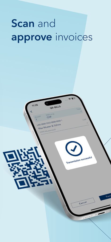 A smartphone showing the VP Bank Connect app interface for scanning and approving QR-bill invoices with a successful transmission message.