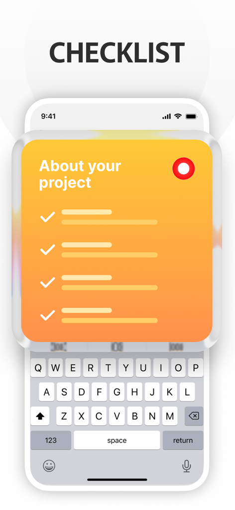 Sticky Notes:Widget Color Icon - Una nota adhesiva digital con una lista de verificación y un fondo degradado naranja en una pantalla de iPhone.