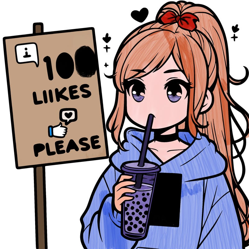 girl with a high ponytail and a hoodie drinking boba staring at a sign saying 10 likes please