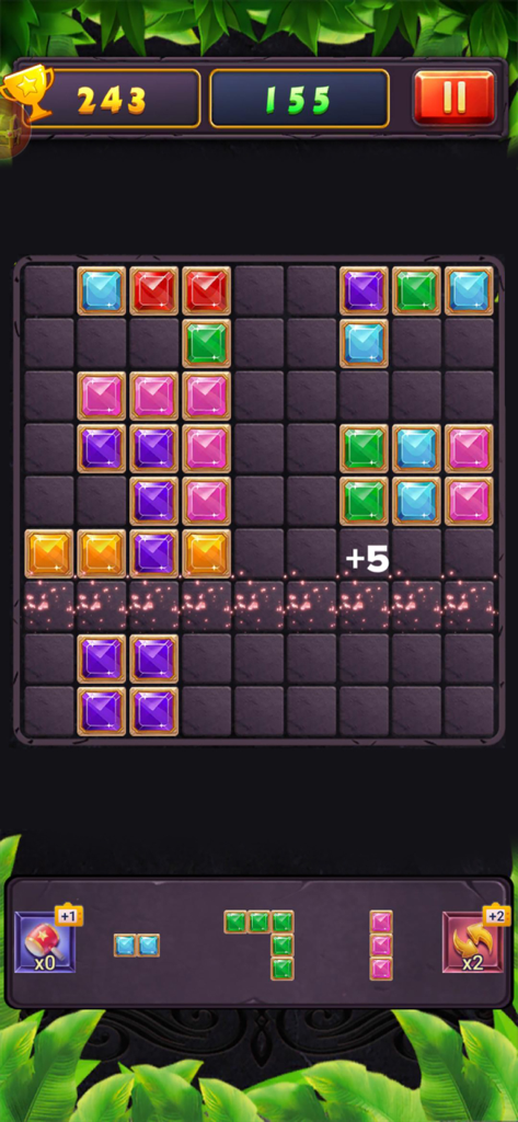 俄罗斯消消方块 - Gameplay screen of a jewel block puzzle game with colorful square gems on a dark grid.