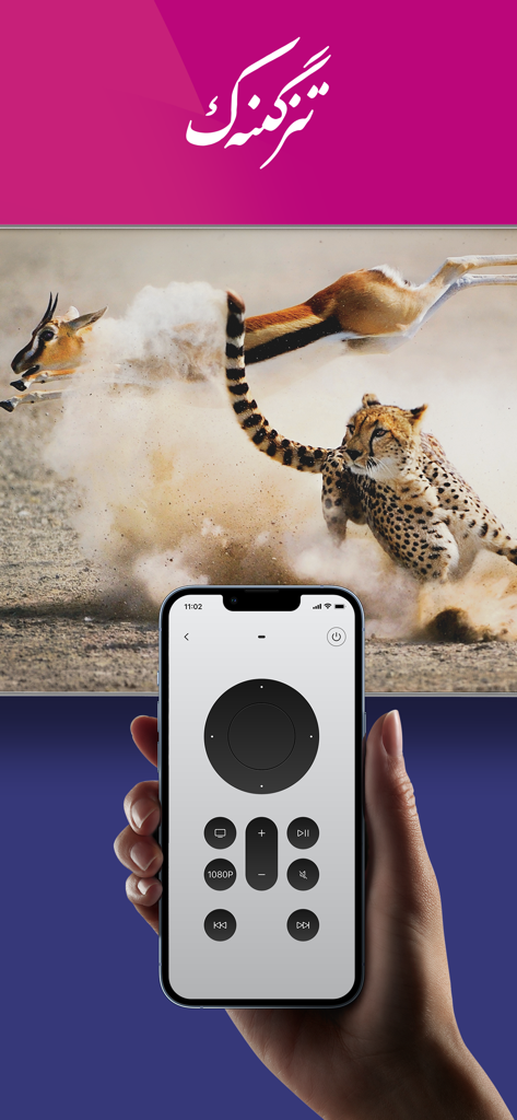 Hand holding a smartphone with the SinzarTV remote control app interface casting a wildlife documentary to a TV screen