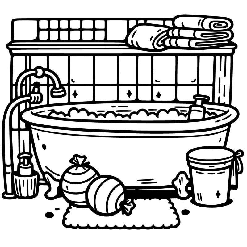 bathroom with tiles and bath bombs on tub