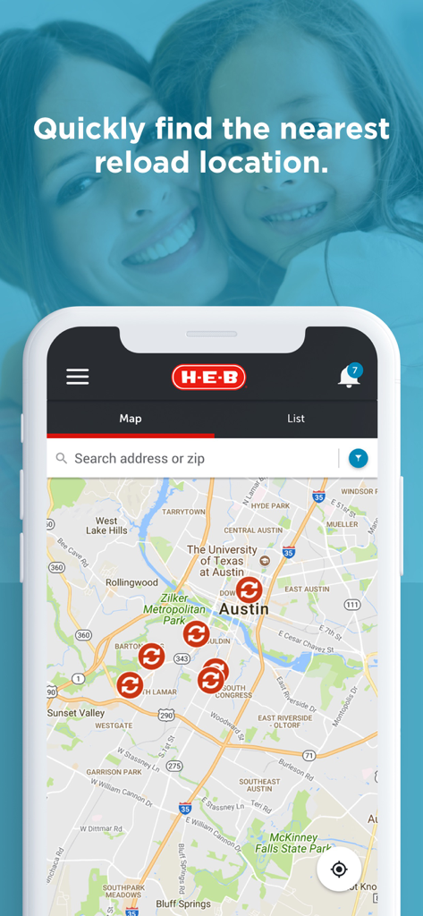 H-E-B Prepaid app screen displaying a map with nearby cash reload locations in Austin Texas