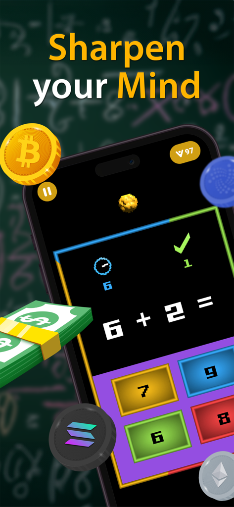 Brain Battle mobile app screen showing a math addition puzzle and reward symbols