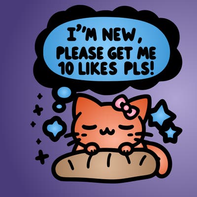 kitty taking a nap dream talking and saying "i'm new, please get me at least 10 likes pls!!"