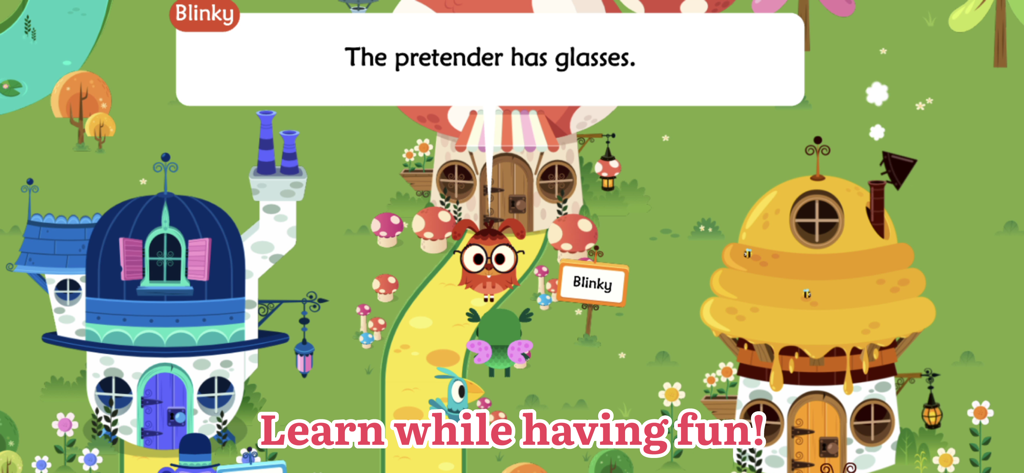 A colorful village scene from the Teach Monster Reading for Fun app featuring the character Blinky and the text Learn while having fun