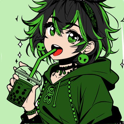 hot baddie anime girl drinking boba and biting the straw