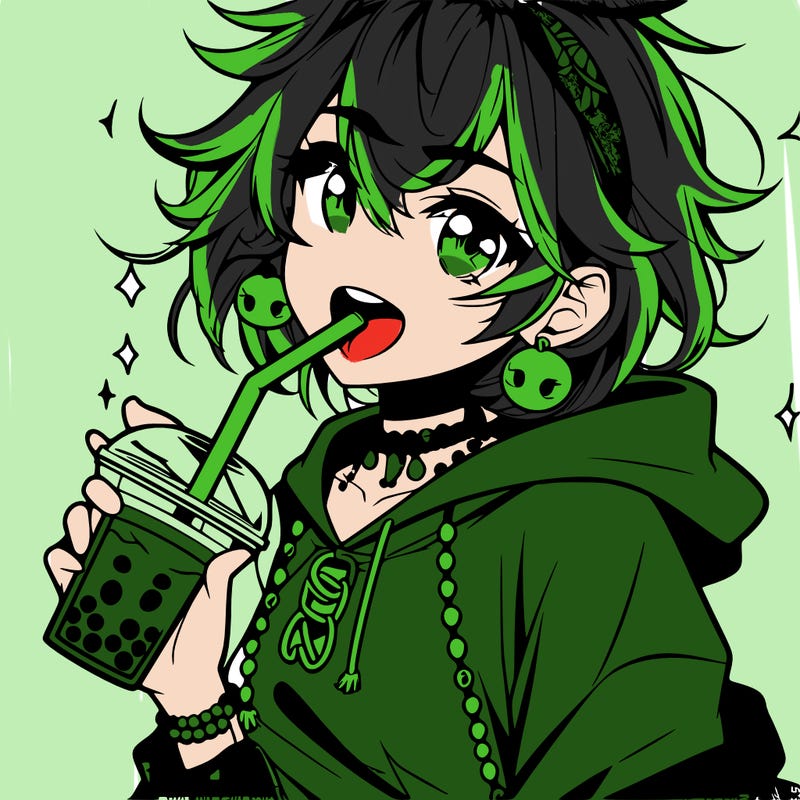 hot baddie anime girl drinking boba and biting the straw