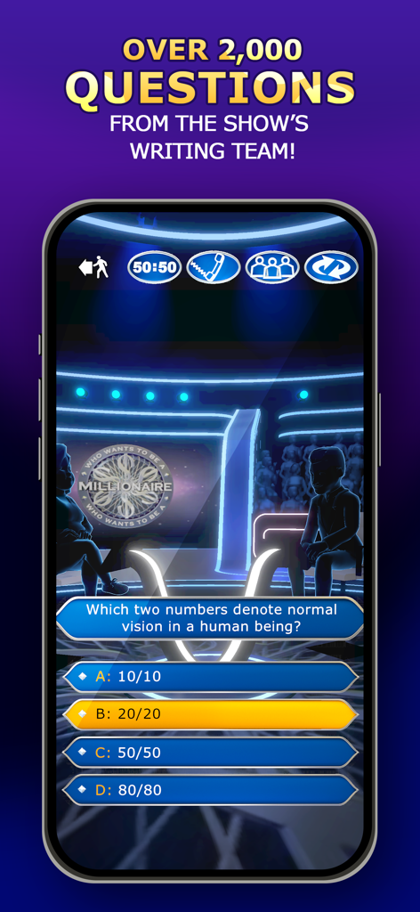 Trivia question interface in the Who Wants to Be a Millionaire mobile app featuring a 3D game show set and lifelines.