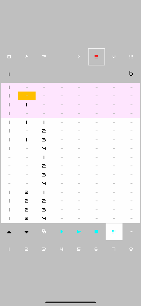 nanoloop - Minimalist song editor and pattern sequencer interface in the Nanoloop mobile app showing a grid-based arrangement.