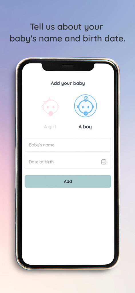 Sinana - Për bebin dhe nënën - Interface of the Sinana app showing a form to add a baby's name birth date and gender