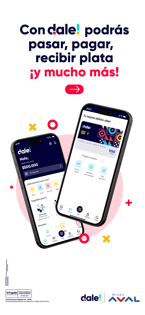 dale! Colombia - Interfaz de la app móvil Dale Colombia que muestra opciones de pago digital y una tarjeta de débito Visa.
