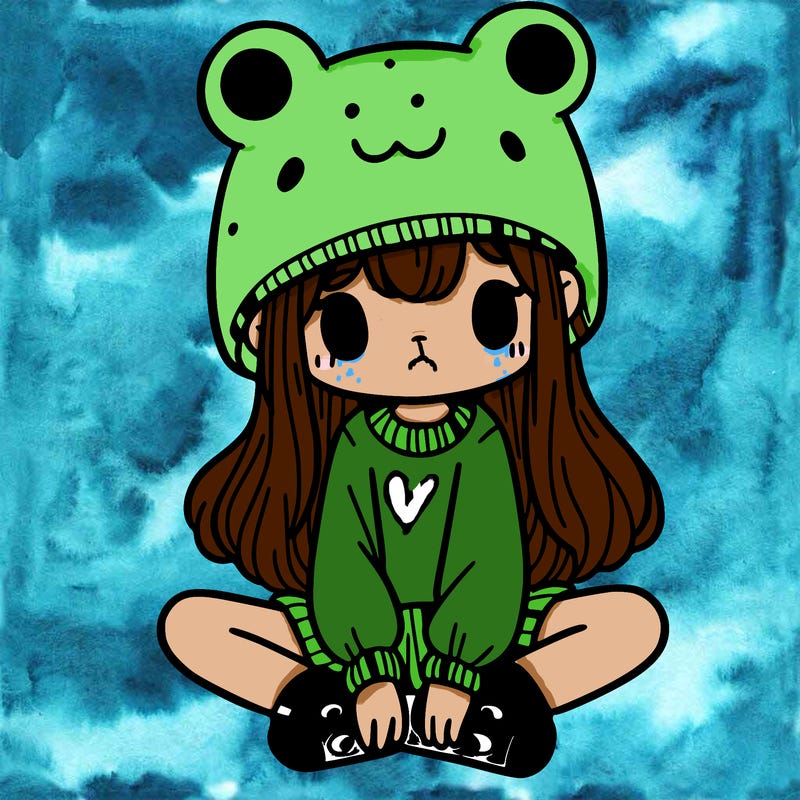 a girl wearing a frog hat and some frog socks