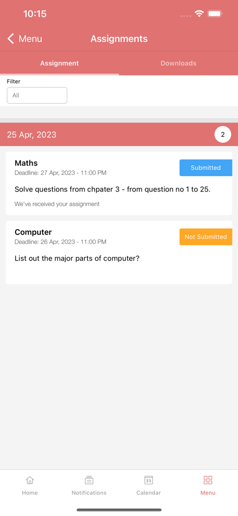 Veda - Students App - Veda Students App interface showing assignment status and deadlines for math and computer subjects