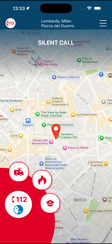 112 Where ARE U - Emergency app interface showing location on map with silent call and service icons