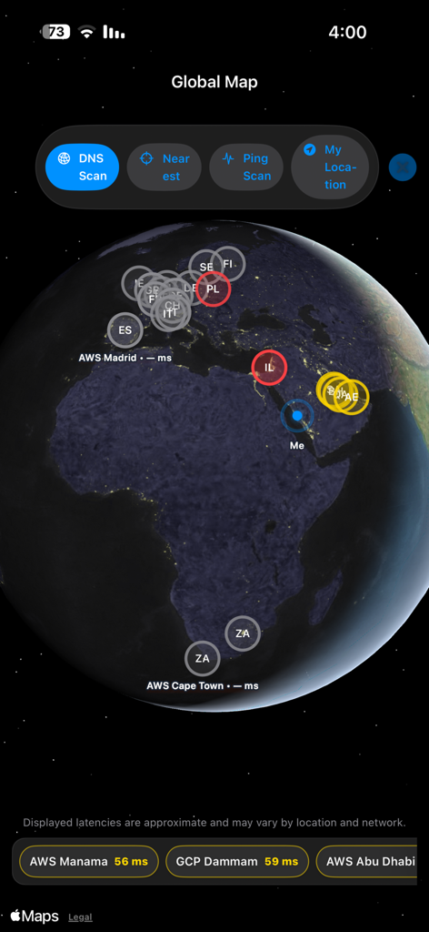 A 3D interactive world map in the MY Ping app showing server locations and real-time network latency in milliseconds.