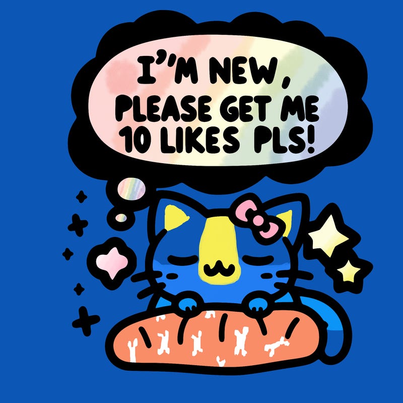 kitty taking a nap dream talking and saying "i'm new, please get me at least 10 likes pls!!"