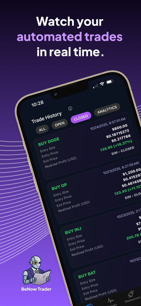 BeNow: AI Crypto Trader Bot - BeNow app screenshot displaying automated crypto trading history and profits in real time
