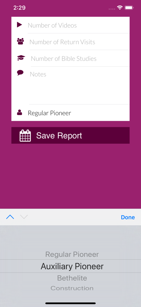 Interface of the Field Service Report Pro app for entering ministry activity data and saving reports